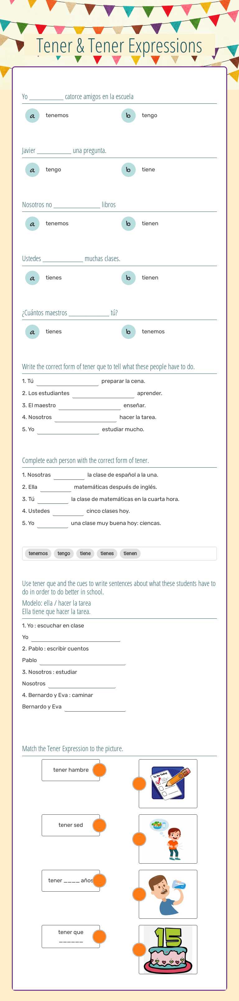 Tener & Tener Expressions worksheet preview image