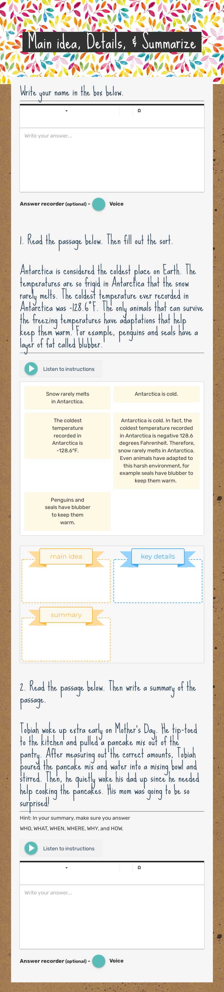 Main idea, Details, & Summarize Grade 4 worksheet preview