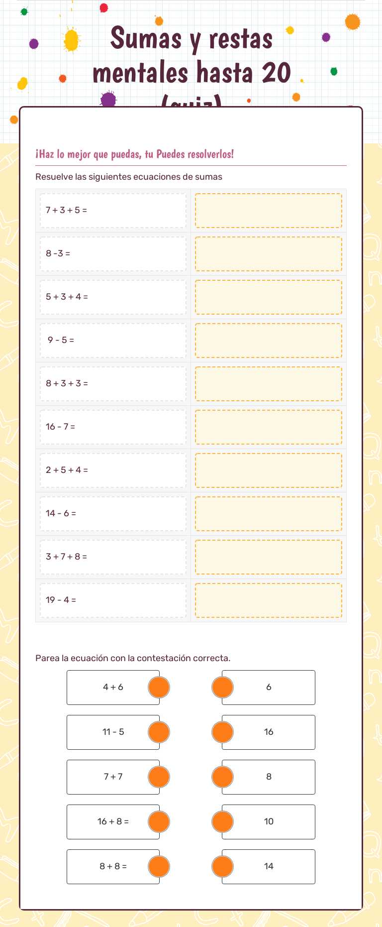 Sumas y restas mentales hasta 20 (quiz) worksheet preview image