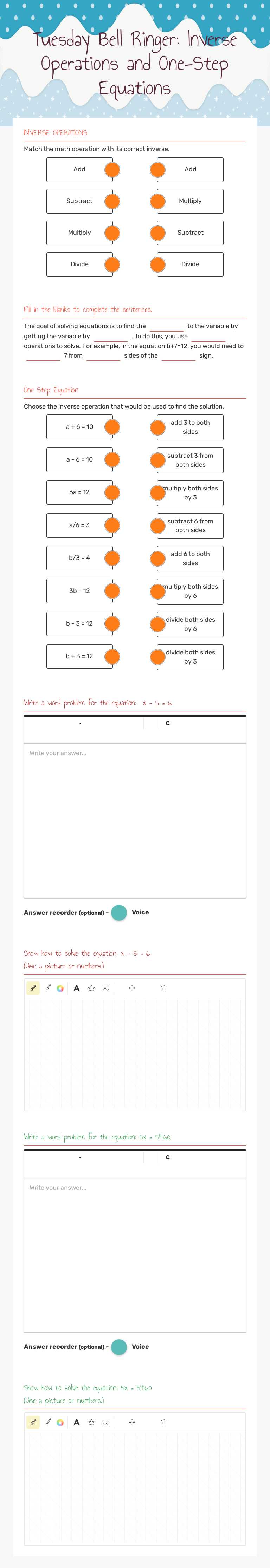 Tuesday Bell Ringer:     
    Inverse Operations and     One-Step Equations worksheet preview image