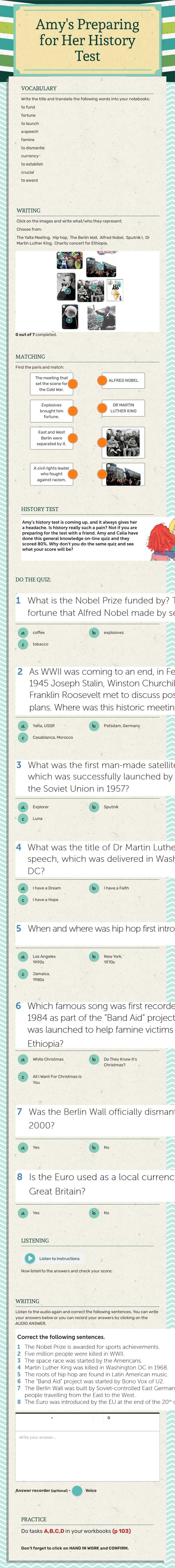 Amy's Preparing for Her History Test Grade 8 worksheet preview