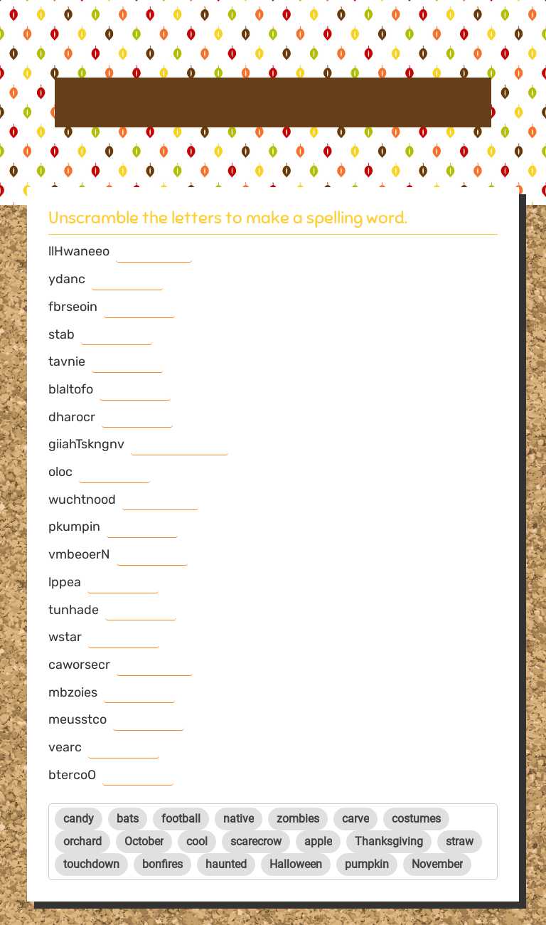 Fall Scavenger Hunt-Spelling Unscramble worksheet preview image