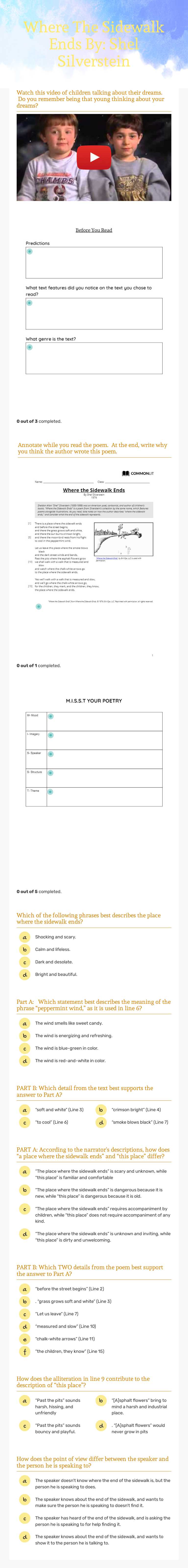 Where The Sidewalk Ends           By: Shel Silverstein worksheet preview image