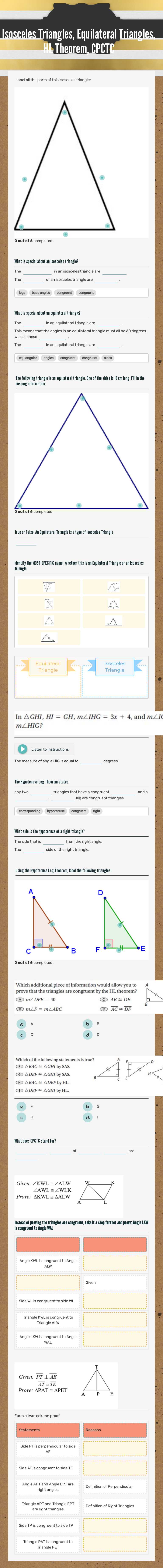 Isosceles Triangles, Equilateral Triangles, HL Theorem, CPCTC worksheet preview image