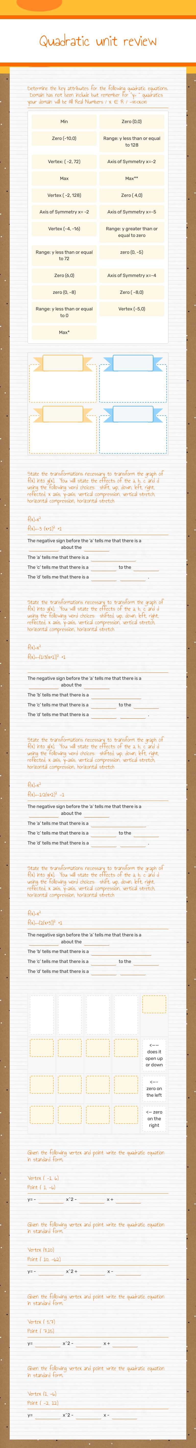 Quadratic unit review worksheet preview image