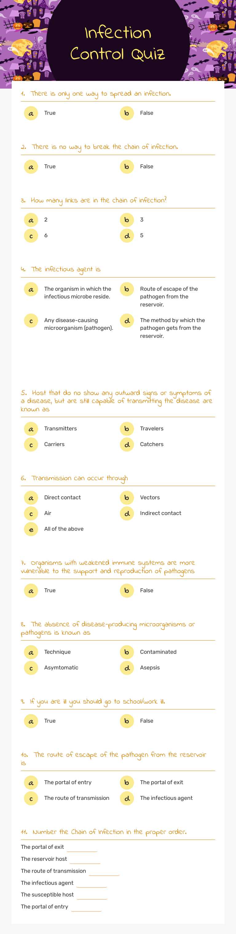 Infection Control Quiz worksheet preview image