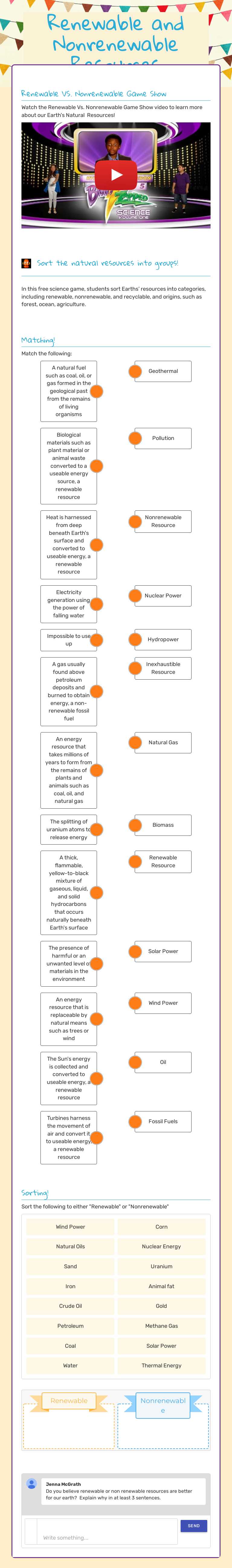 Renewable and Nonrenewable Resources worksheet preview image