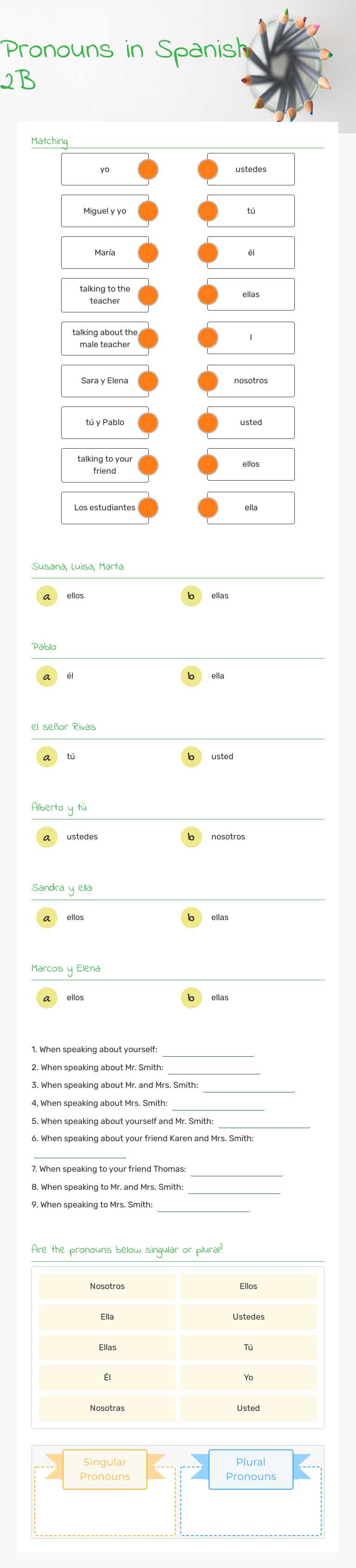 Pronouns in Spanish 2B Grade 7 worksheet preview