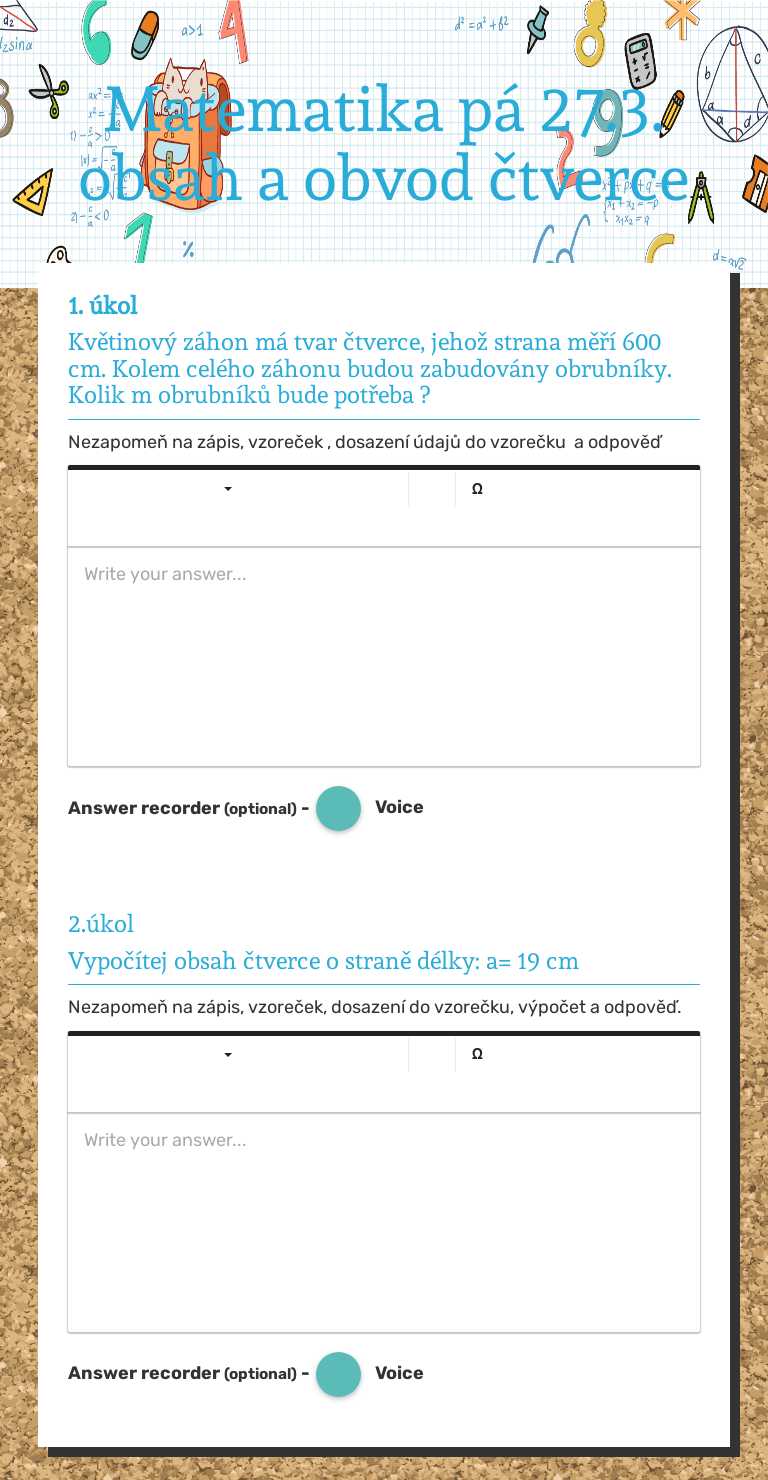 Matematika  pá 27.3. 
obsah a obvod čtverce worksheet preview image