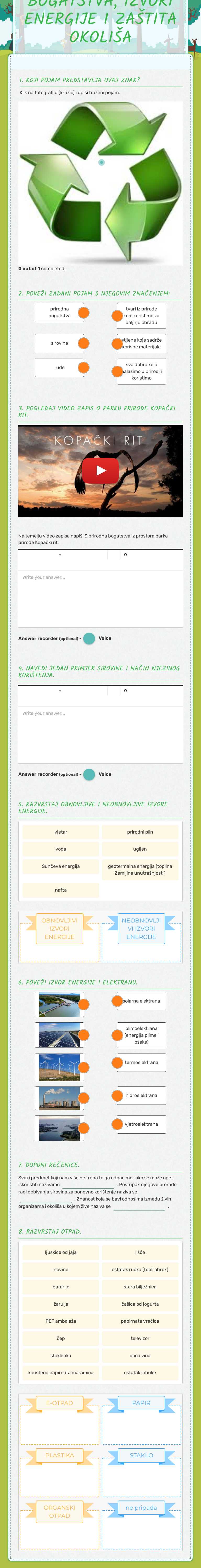 PRIRODNA BOGATSTVA, IZVORI ENERGIJE I ZAŠTITA OKOLIŠA worksheet preview image