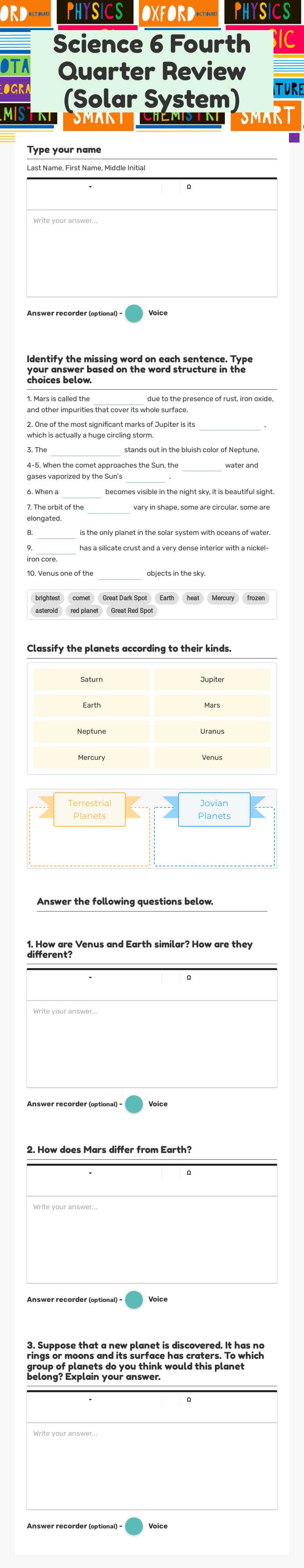 Science 6 Fourth Quarter Review (Solar System) worksheet preview image