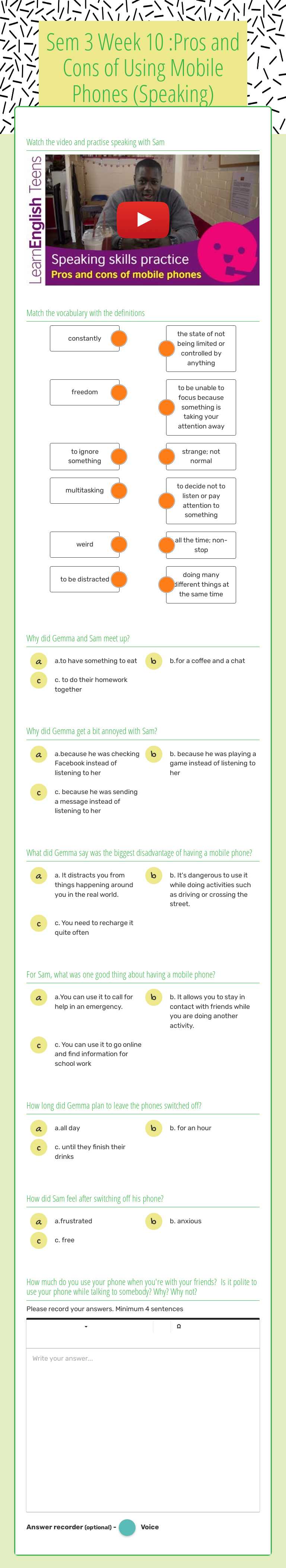Sem 3 Week 10 :Pros and Cons of Using Mobile Phones (Speaking) worksheet preview image