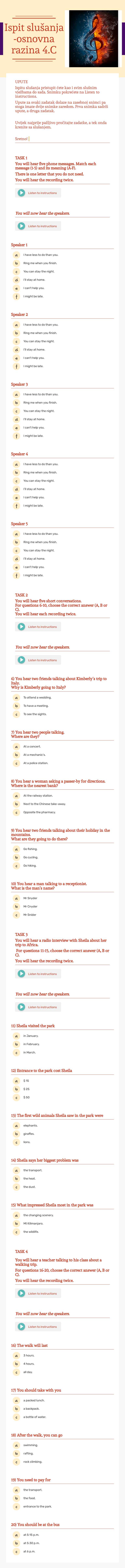 Ispit slušanja -osnovna razina 4.C worksheet preview image