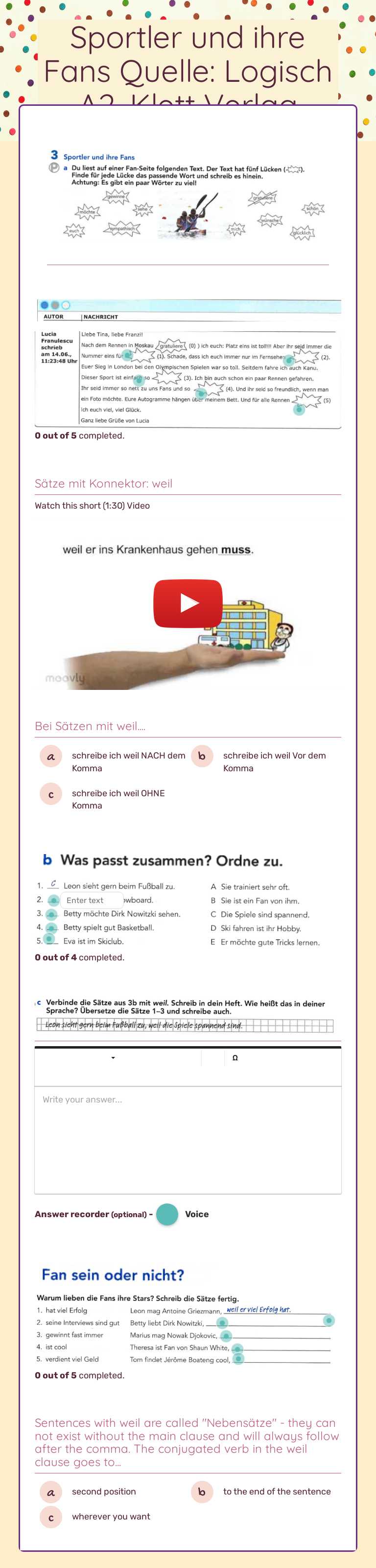 Sportler und ihre Fans      
 Quelle: Logisch A2, Klett  Verlag worksheet preview image