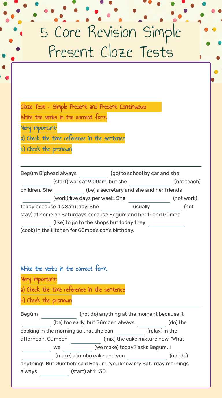 Mr Turner's Simple Present and Present Continuous       
Cloze Test Grade 5 worksheet preview