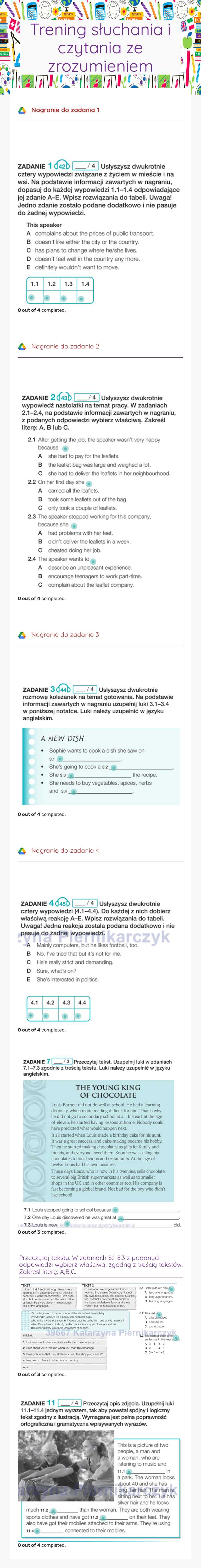Trening słuchania i czytania ze zrozumieniem worksheet preview image
