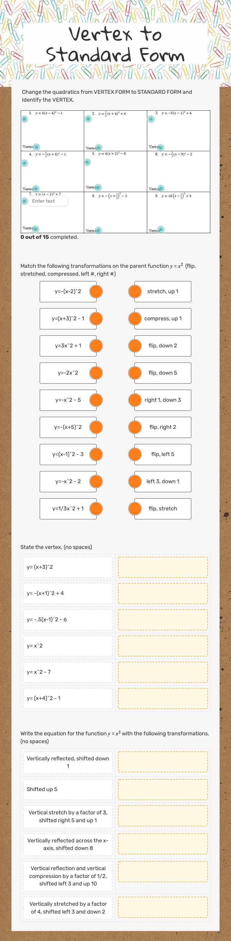 Vertex to Standard Form Grade 10 worksheet preview