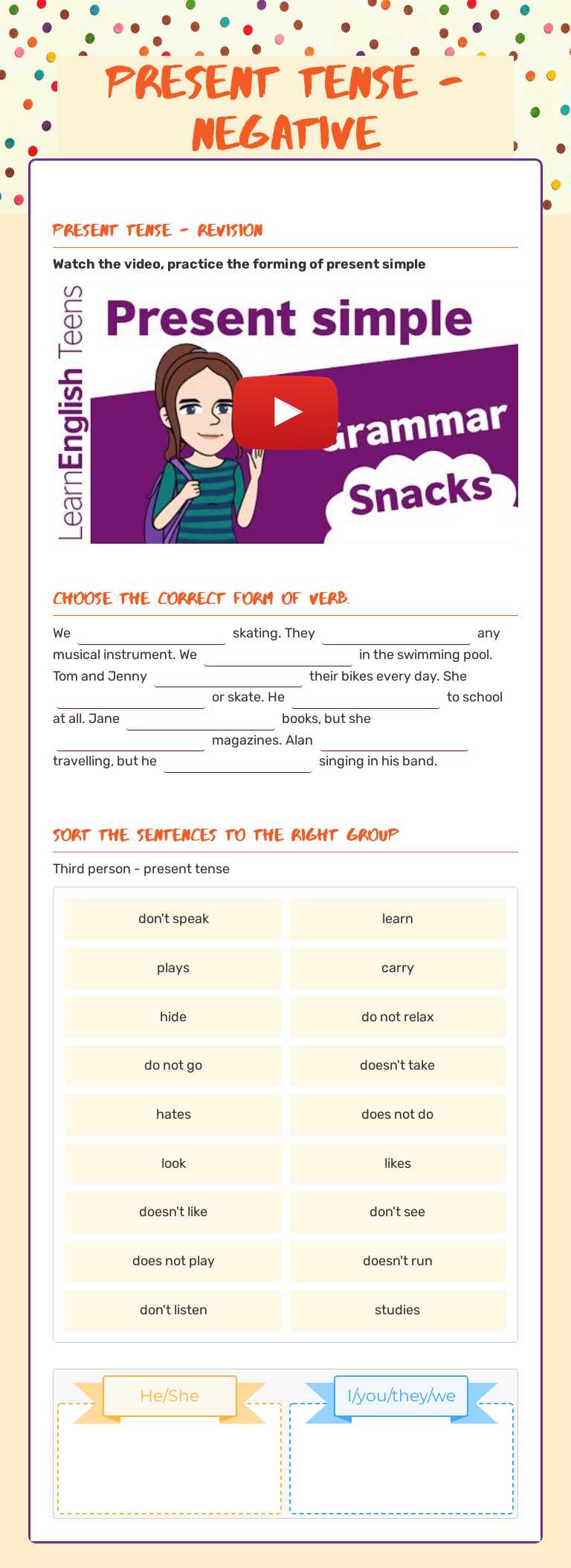 Present tense - negative Grade 6 worksheet preview