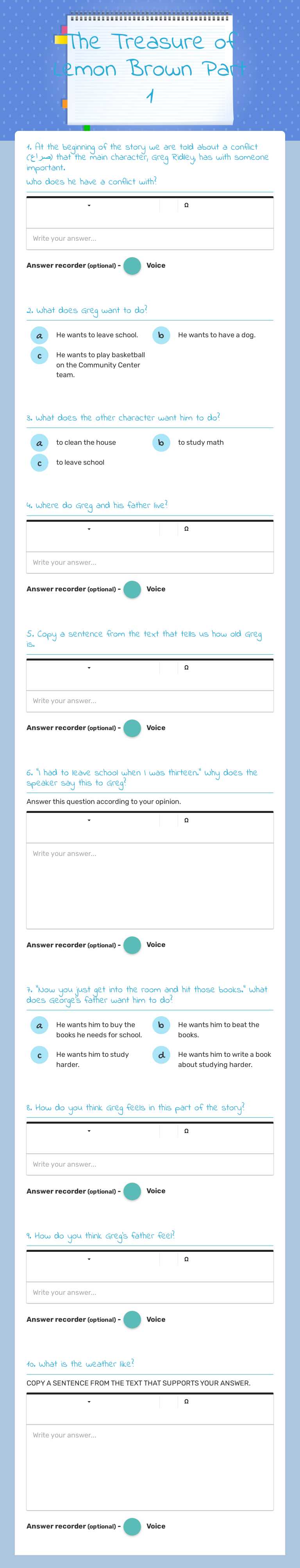 The Treasure of Lemon Brown   Part 1 worksheet preview image