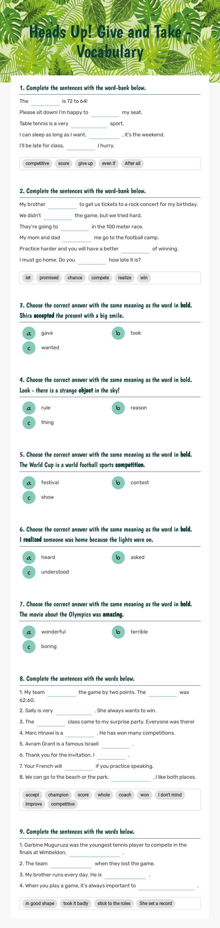 Heads Up! Give and Take - Vocabulary worksheet preview image