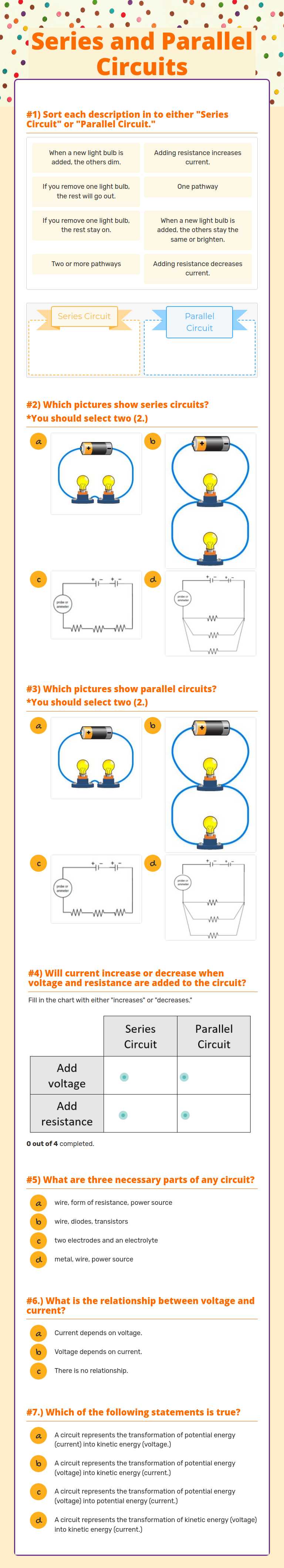 Series and Parallel Circuits worksheet preview image
