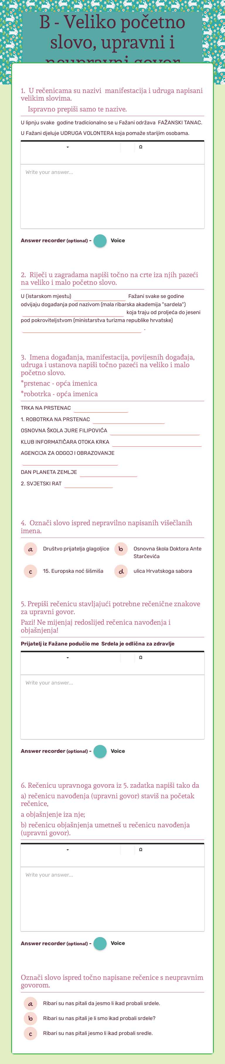 B - Veliko početno slovo, upravni i neupravni govor Grade 7 worksheet preview