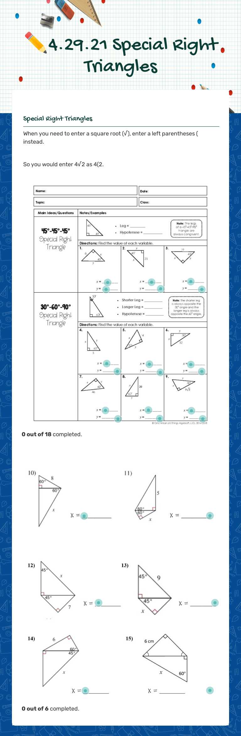 ✏️4.29.21 Special Right Triangles Grade 10 worksheet preview