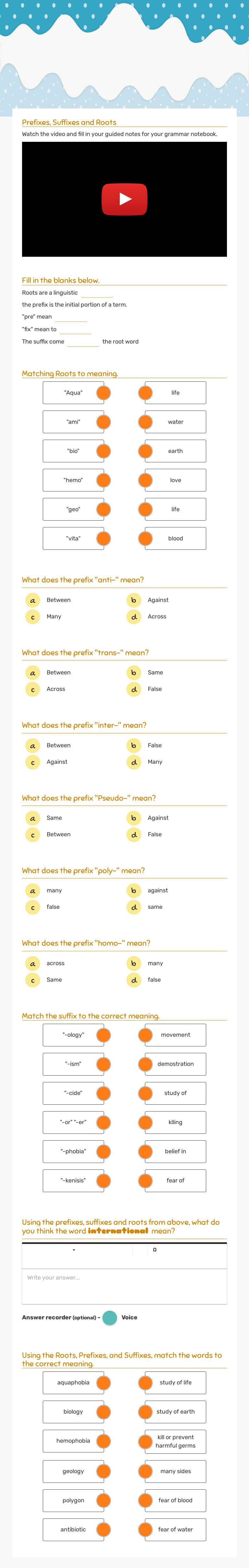 Roots, Prefixes and Suffixes worksheet preview