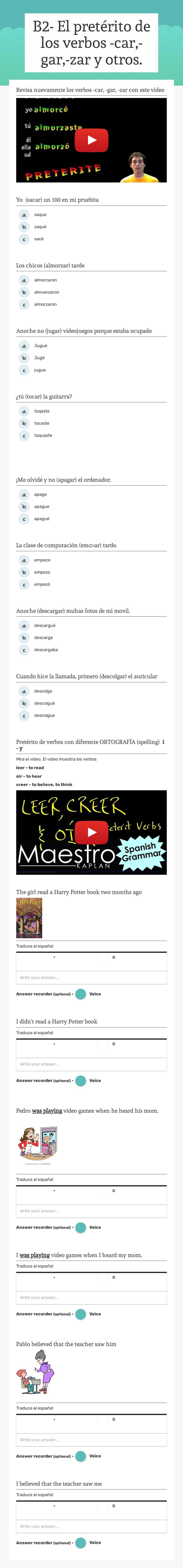 B2- El  pretérito de los verbos -car,-gar,-zar y otros. worksheet preview image