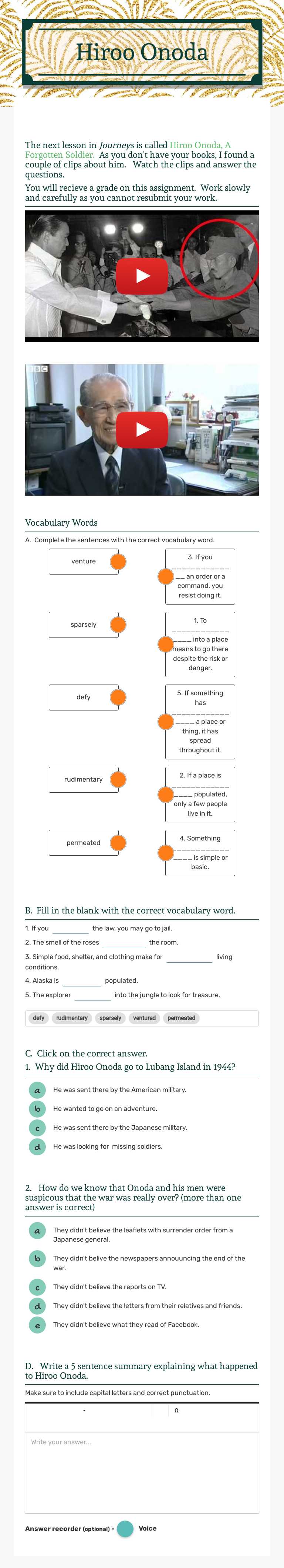 Hiroo Onoda Grade 6 worksheet preview