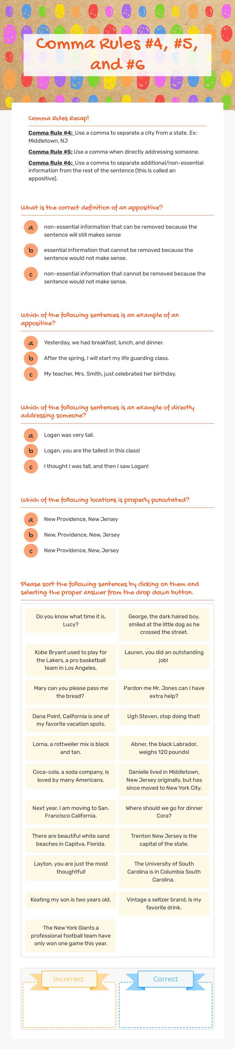 Comma Rules #4, #5, and #6 worksheet preview image