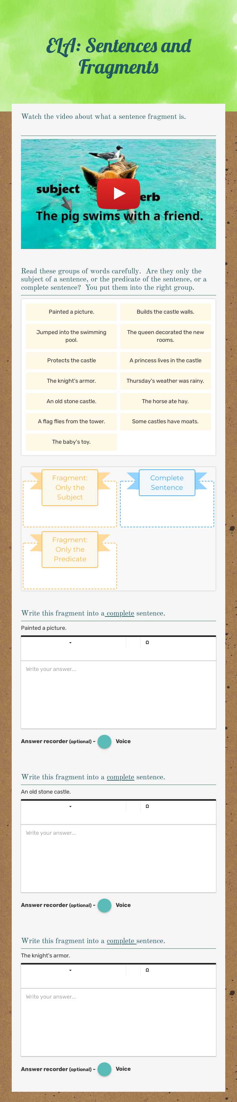 ELA:  Sentences and Fragments Grade 3 worksheet preview