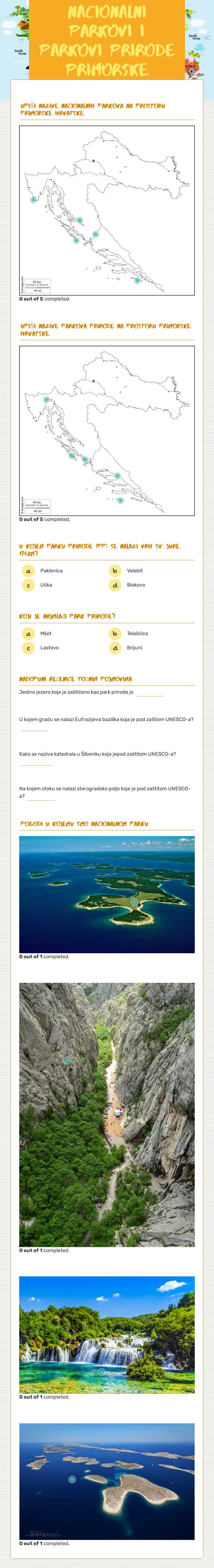 Nacionalni parkovi i parkovi prirode primorske hrvatske worksheet preview image