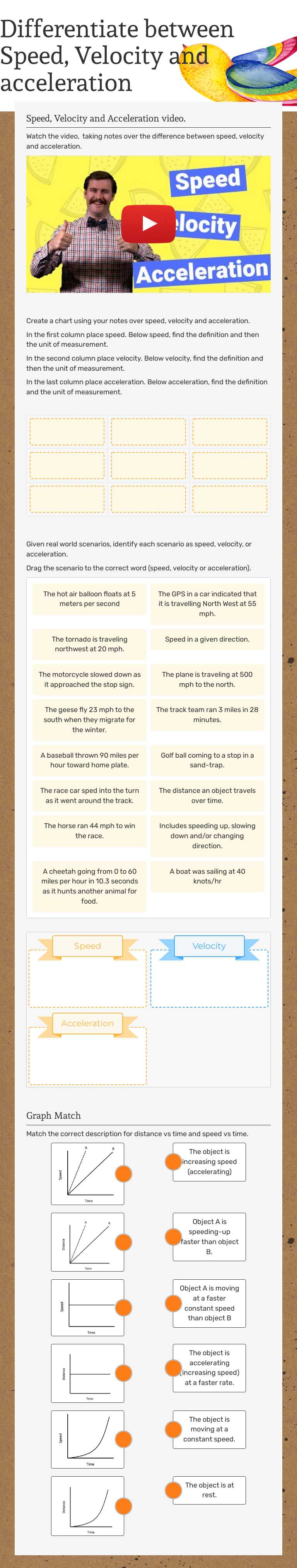 Differentiate between Speed, Velocity and acceleration worksheet preview image
