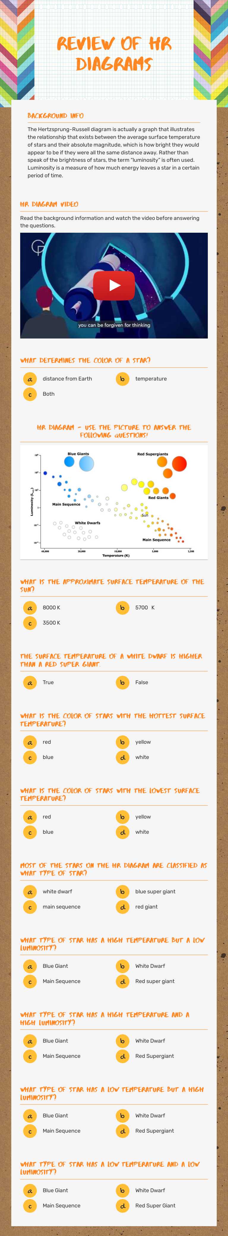 Review of HR Diagrams worksheet preview image