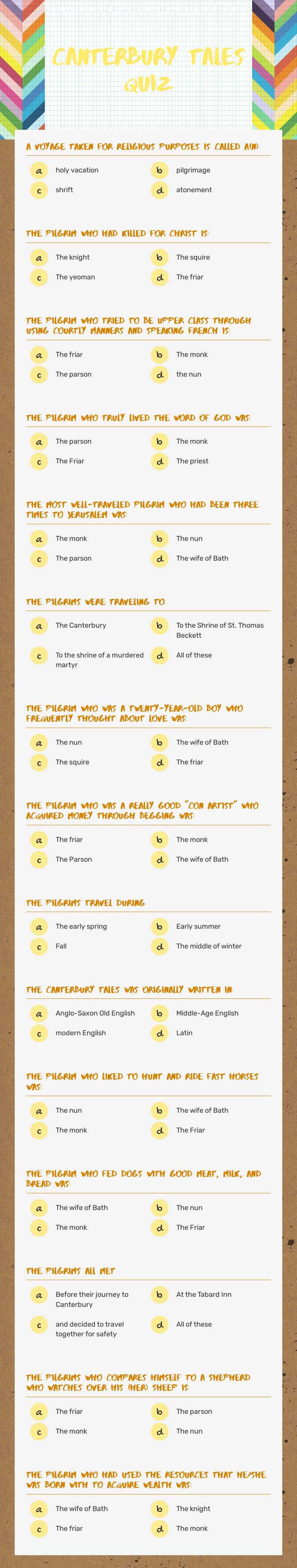 CANTERBURY TALES QUIZ worksheet preview image