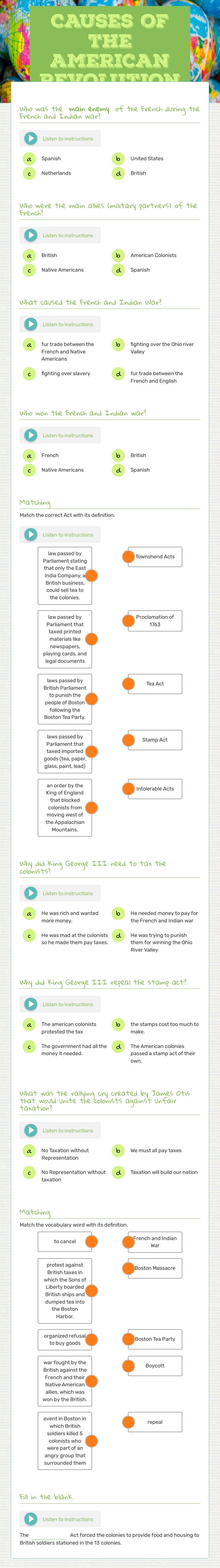 Causes of the American Revolution Grade 8 worksheet preview