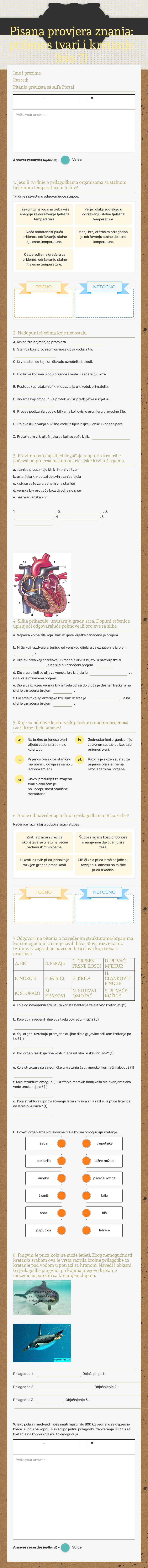 Pisana provjera znanja: prijenos tvari i kretanje (bio 7) worksheet preview image