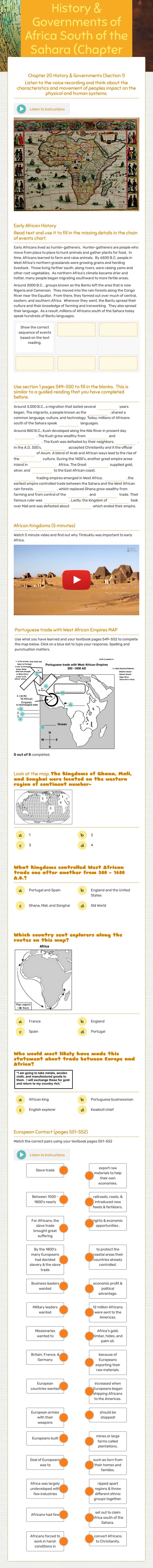History & Governments of Africa South of the Sahara      (Chapter 20) worksheet preview image