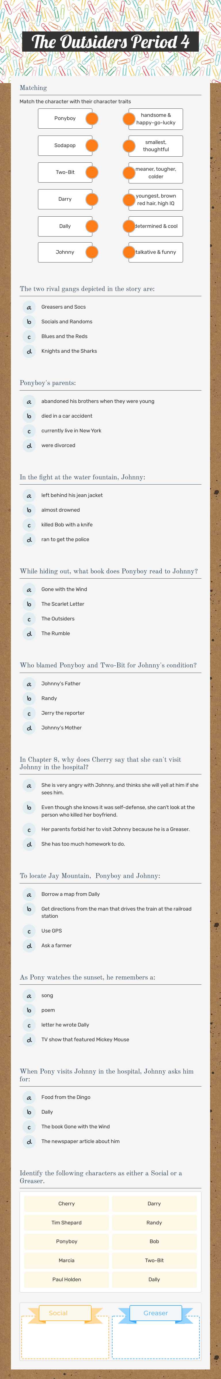 The Outsiders Period 4 worksheet preview image