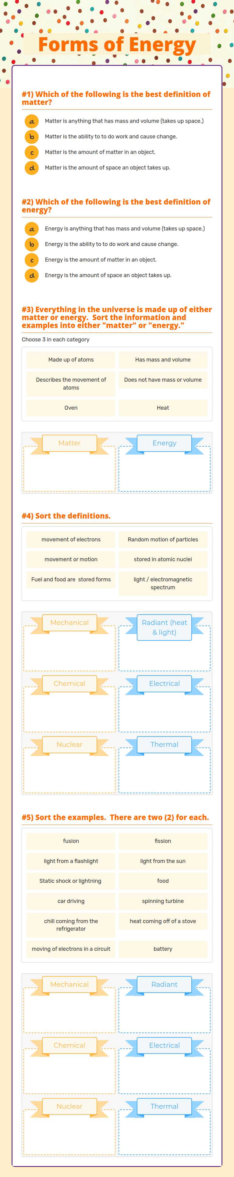 Forms of Energy worksheet preview image