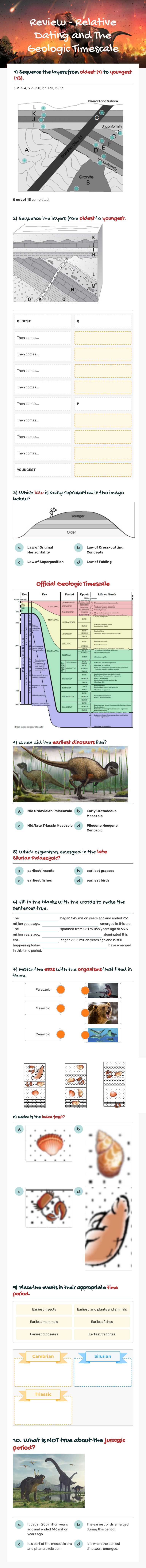 Review -             
              Relative Dating                         
                        and                                            
  The Geologic Timescale worksheet preview image