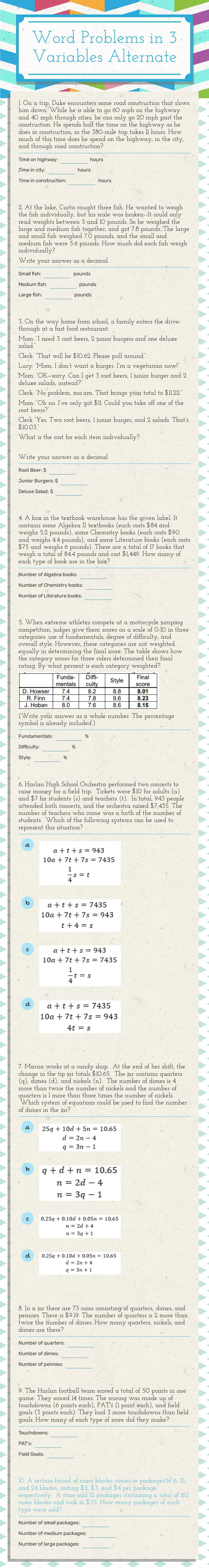 Word Problems in 3 Variables Alternate Grade 10 worksheet preview