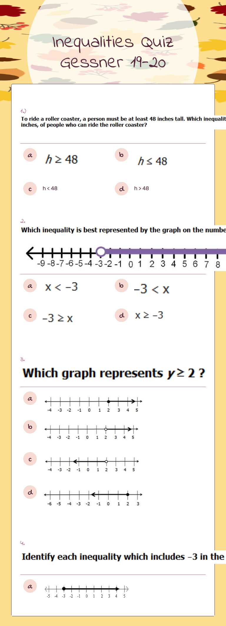 Inequalities Quiz Gessner 19-20 Grade 6 worksheet preview
