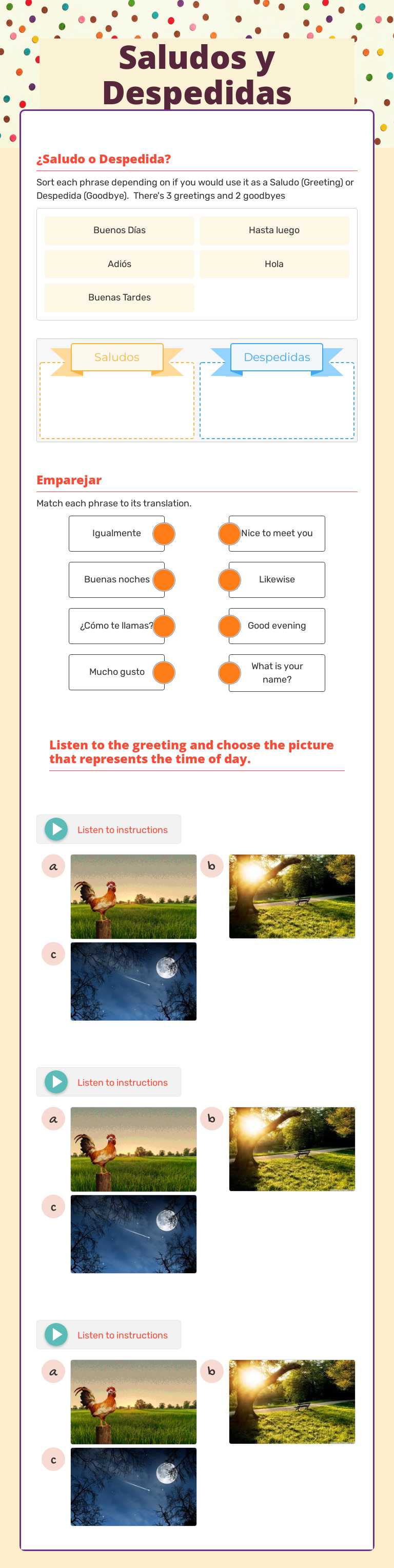 Saludos y Despedidas worksheet preview image