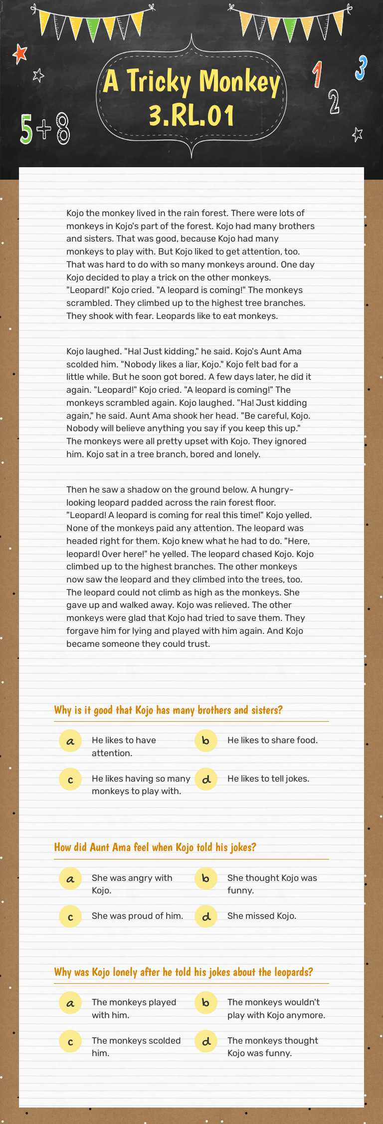 A Tricky Monkey 3.RL.01 worksheet preview image