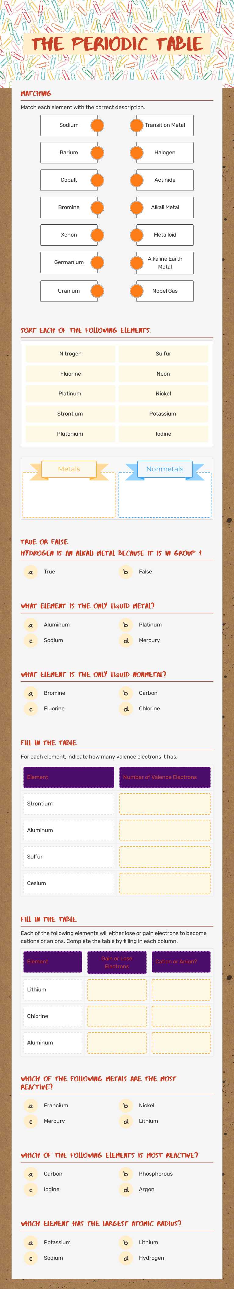 The Periodic Table worksheet preview image