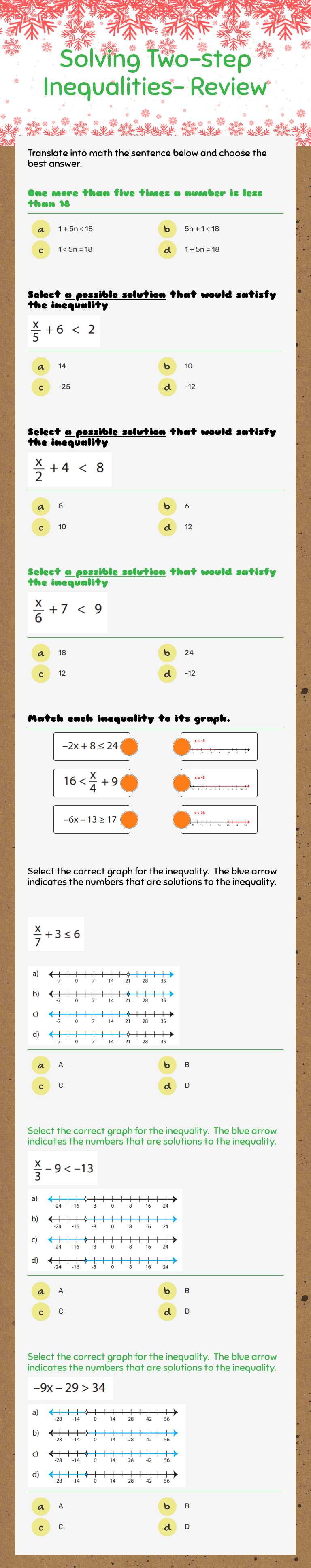 Solving Two-step Inequalities- Review Grade 7 worksheet preview