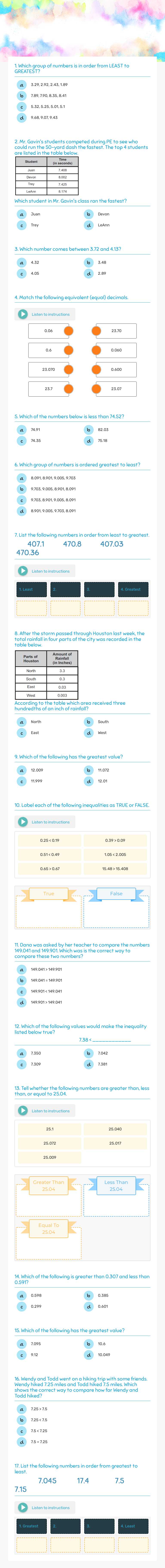 Compare & order decimals to the thousandths place worksheet preview image