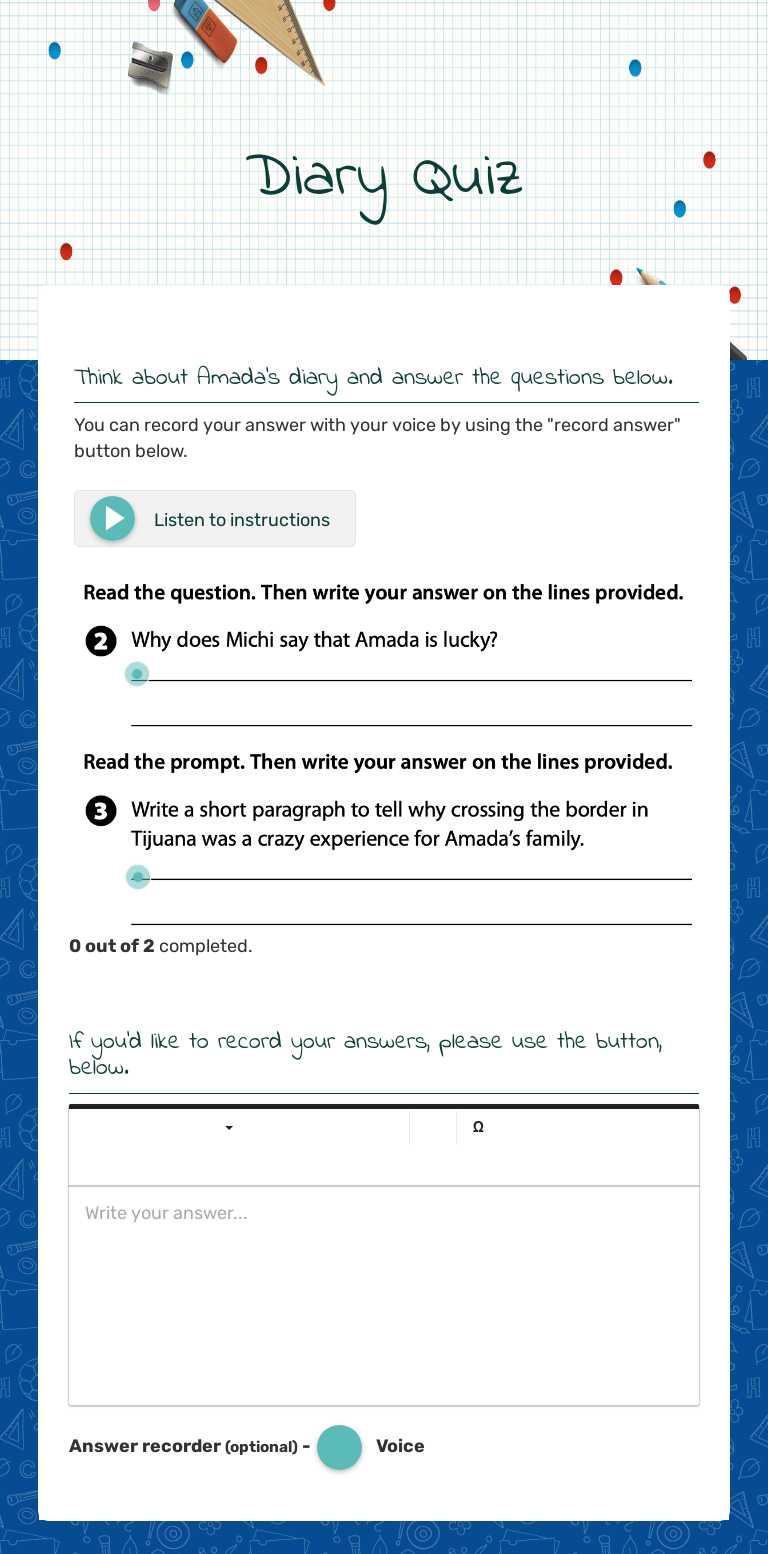 Diary Quiz worksheet preview image